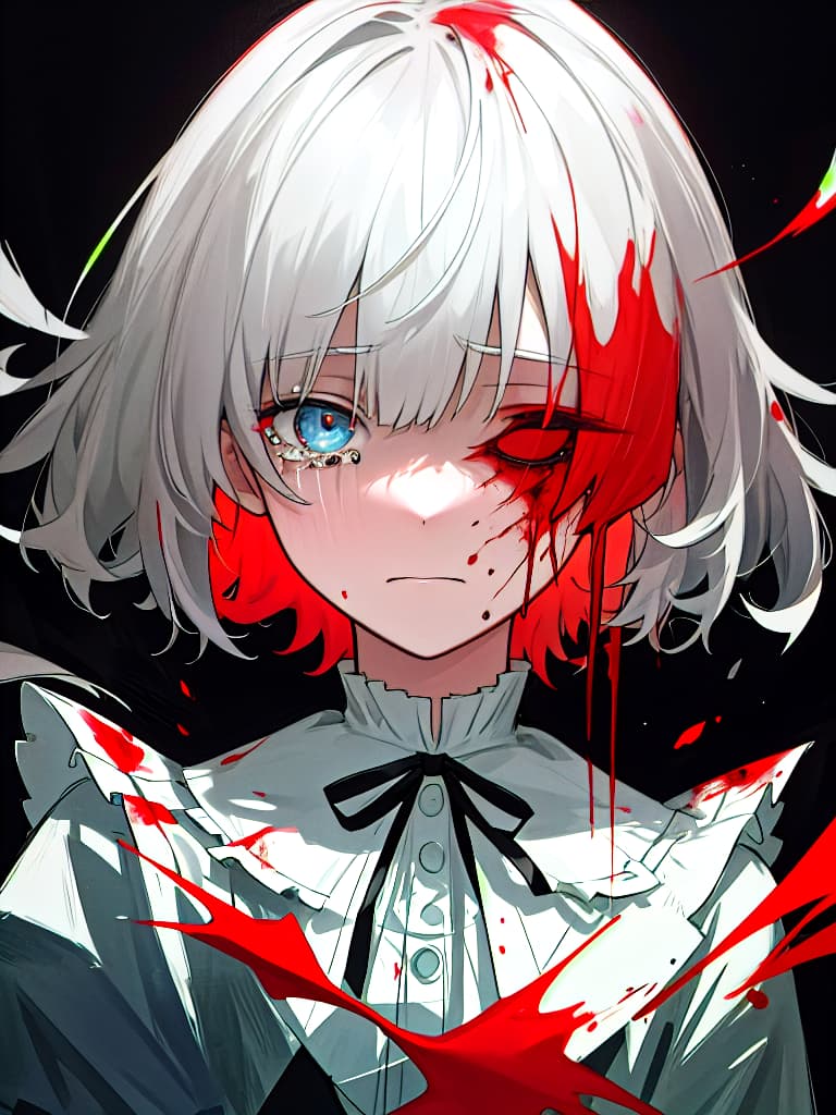  suicide, girl, blood, cutting your neck with a knife, tears, giving up eyes, masterpiece, best quality,8k,ultra detailed,high resolution,an extremely delicate and beautiful,hyper detail