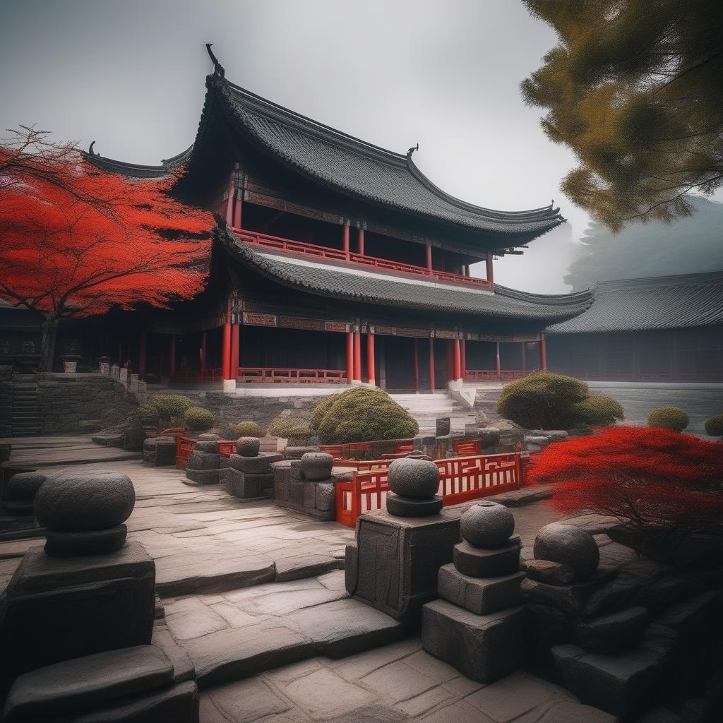  traditional chinese architecture hyperrealistic, full body, detailed clothing, highly detailed, cinematic lighting, stunningly beautiful, intricate, sharp focus, f/1. 8, 85mm, (centered image composition), (professionally color graded), ((bright soft diffused light)), volumetric fog, trending on instagram, trending on tumblr, HDR 4K, 8K