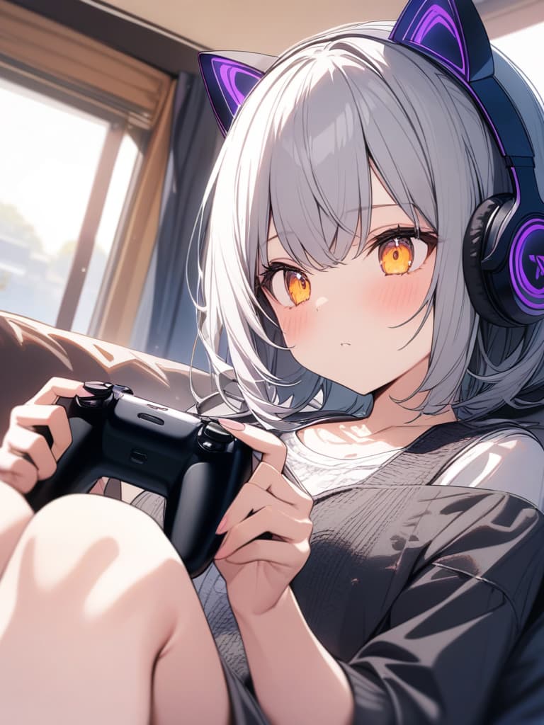  cat ear headphones, girls, cute, gamers, games controllers, gray hair, purple and yellow eyes, loli, masterpiece, best quality,8k,ultra detailed,high resolution,an extremely delicate and beautiful,hyper detail