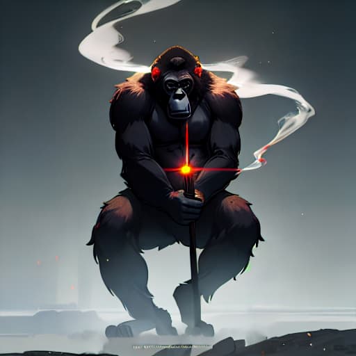  (Gorilla smoking), anime, highly detailed, 4k, high quality, trending on art station hyperrealistic, full body, detailed clothing, highly detailed, cinematic lighting, stunningly beautiful, intricate, sharp focus, f/1. 8, 85mm, (centered image composition), (professionally color graded), ((bright soft diffused light)), volumetric fog, trending on instagram, trending on tumblr, HDR 4K, 8K