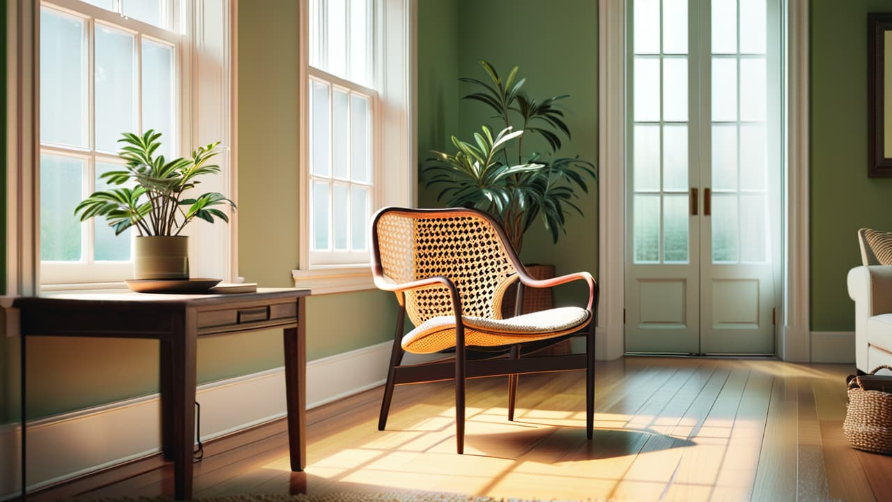  a serene, sunlit room with a single potted plant, a simple wooden table, and a cozy woven chair. soft, neutral colors dominate, creating a sense of calm and spaciousness, inviting tranquility and reflection. hyperrealistic, full body, detailed clothing, highly detailed, cinematic lighting, stunningly beautiful, intricate, sharp focus, f/1. 8, 85mm, (centered image composition), (professionally color graded), ((bright soft diffused light)), volumetric fog, trending on instagram, trending on tumblr, HDR 4K, 8K