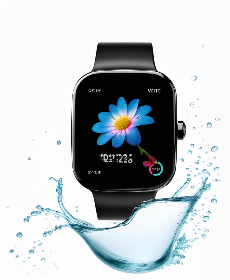  smart watch with a flower on the screen, around a splash of water, white background, film photography style