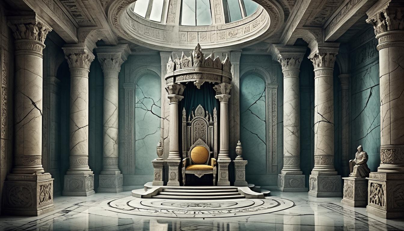  on parchment, surrealism+++, ancient throne room, grandiose and imposing, cracked marble floors, high ceilings with intricate carvings, worn throne, shadowy corners, atmosphere of neglected majesty(mysterious, provocative, symbolic,muted color)+++