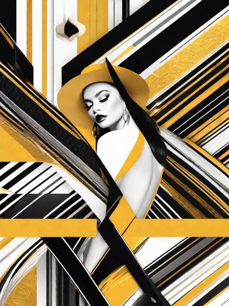  Golden yellow and sleek black color palette, captivating and inviting expression, exuding elegance and charm, magnetic beauty, intricate details, high contrast, luxurious feel, digital art, female, glossy finish, striking composition, dynamic lighting to enhance features.