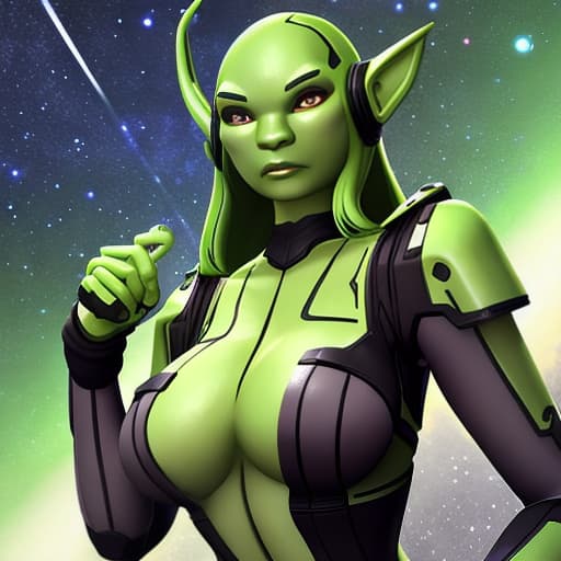  Mila Azul as a green-skinned humanoid female from another galaxy