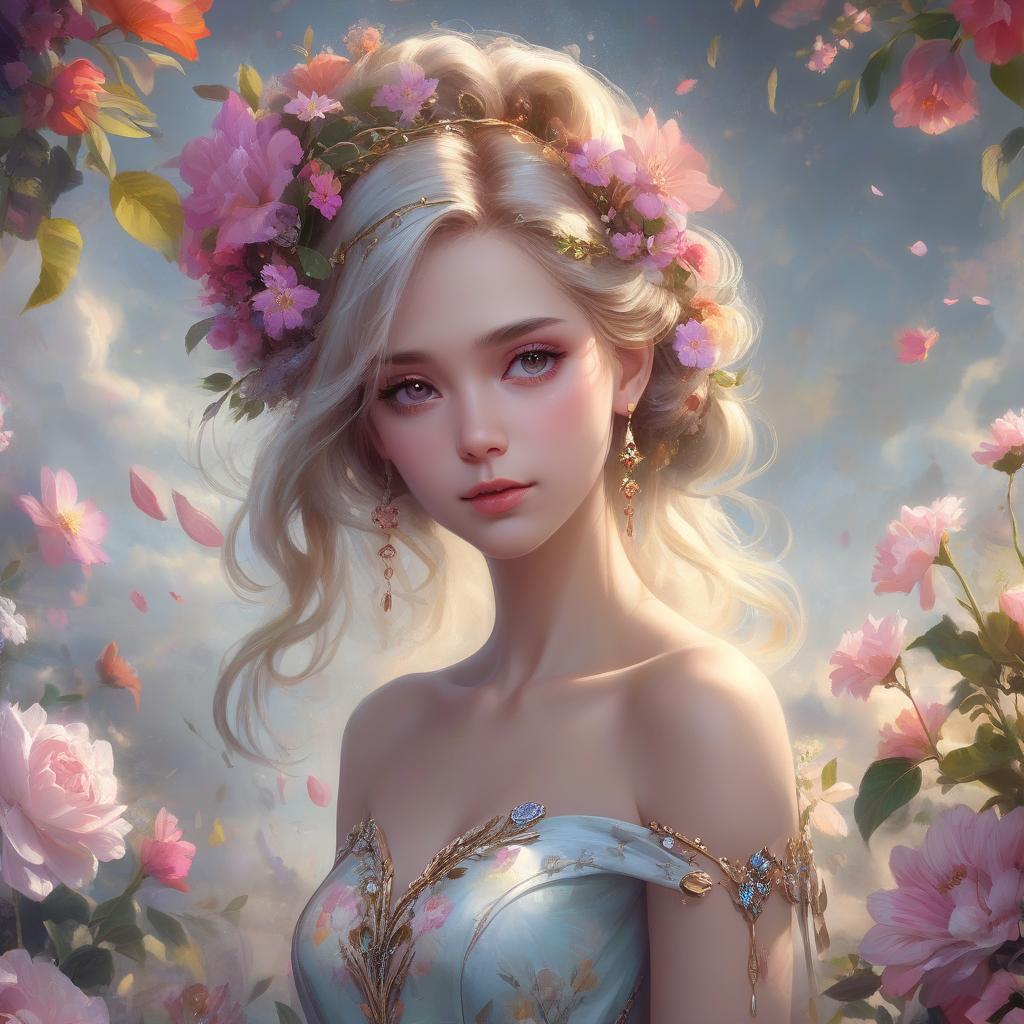  concept art q, 7, ♥, e, there is a woman with flowers in her hair and a dress, beautiful gorgeous digital art, beautiful fantasy art portrait, beautiful digital art, beautiful digital artwork, very beautiful digital art, beautiful fantasy portrait, beautiful feminine face, beautiful art uhd 8 k, gorgeous digital art, beautiful digital painting, beautiful fantasy maiden, karol bak uhd, beautiful art, beautiful painting, by ank . digital artwork, illustrative, painterly, matte painting, highly detailed