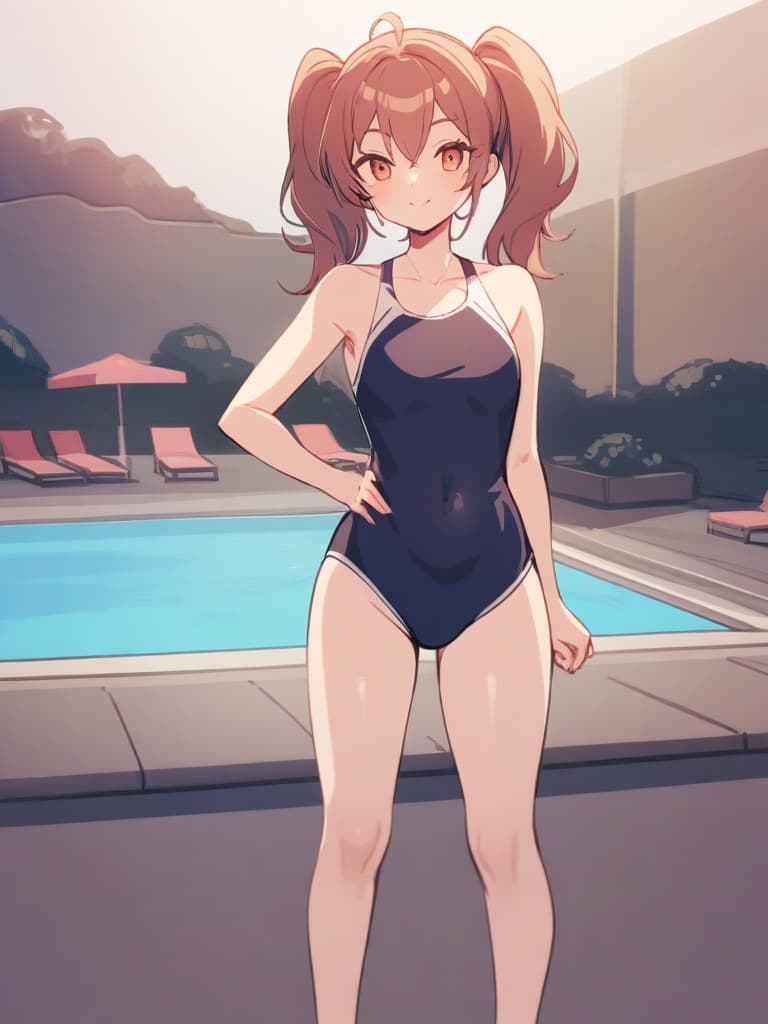  women's elementary students, twin tails, cute smiles, rich s, low stages, dark blue swimwear, old swimwear, swimwear, male, male, shaped clear , shaped clear phimosis, sharp stiff, male bulge, , front, whole body, pool side,