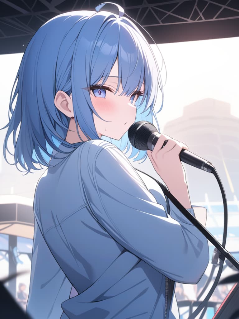  light blue hair, light blue, bob hair, singer, very popular, outdoor live, i have a microphone, masterpiece, best quality,8k,ultra detailed,high resolution,an extremely delicate and beautiful,hyper detail