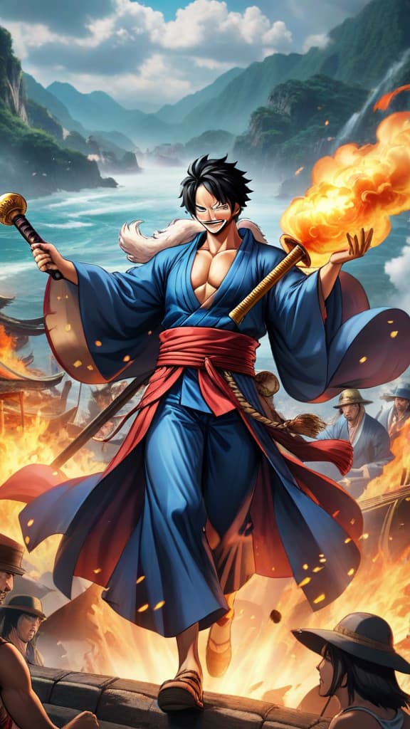  anime art kozuki oden from one piece leading wano people and scabbards in a joyous period of peace and prosperity hyperrealistic, full body, detailed clothing, highly detailed, cinematic lighting, stunningly beautiful, intricate, sharp focus, f/1. 8, 85mm, (centered image composition), (professionally color graded), ((bright soft diffused light)), volumetric fog, trending on instagram, trending on tumblr, HDR 4K, 8K