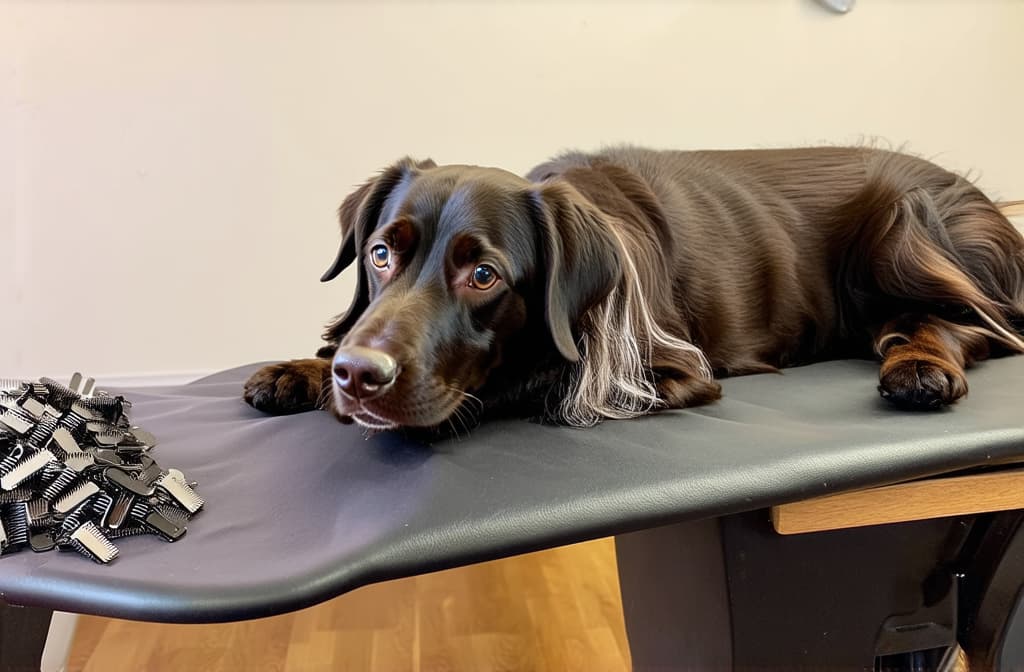  a groomed dog on a grooming table with a pile of clipped hair nearby ar 3:2 {prompt}, maximum details