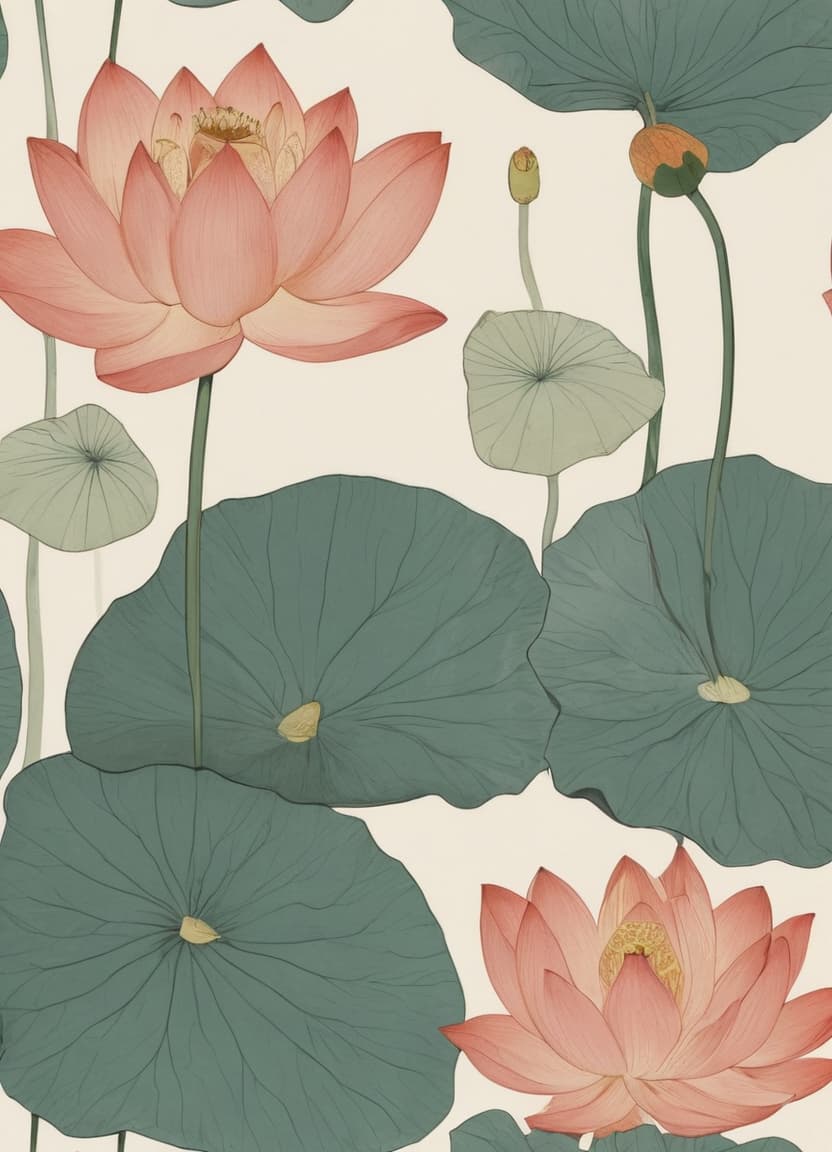  minimalism, the images features individual lotus flowers and leaves, each illustrated with fine detail, highlighting their unique textures and curvature. the flowers and leaves vary. each plant carries its own distinct form, emphasizing their organic and fluid shapes., abstract, simple geometic shapes, hard edges, sleek contours, minimalism