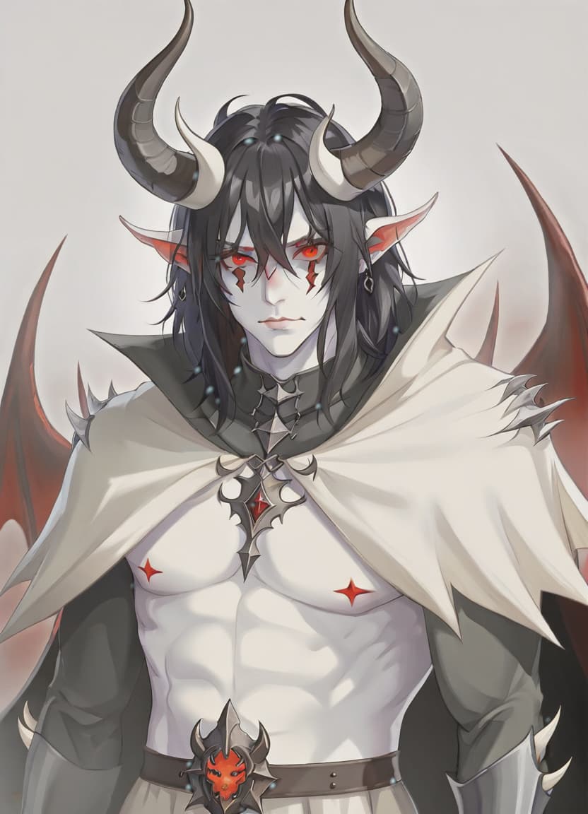  man demon, white skin, red eyes, black hair, white horns, medieval warm black clothing