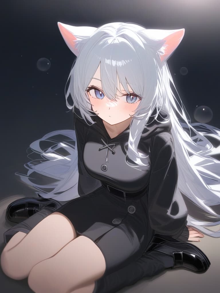  cat ears girl,long silver hair,black bubble clothes,black shoes,