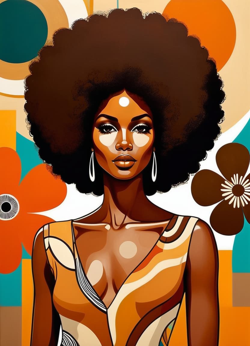  minimalism, a beautiful african woman with brown skin. with an afro. she wears a flowy 70s outfit. a retro brown 70s flower design is in the background. a minimalist painting, abstract, simple geometic shapes, hard edges, sleek contours, minimalism