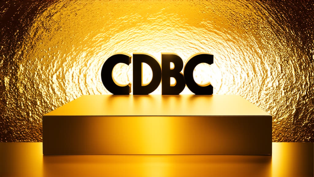  professional detailed photography, "cdbc" on a metallic gold podium on a glowing gold background ar 16:9, (muted colors, dim colors, soothing tones), (vsco:0.3)