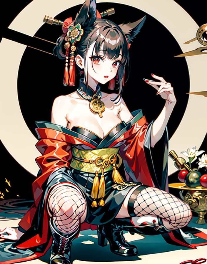  master piece , best quality,pale, black hair, kimono, fishnet tights, boots, black eyes, oiran