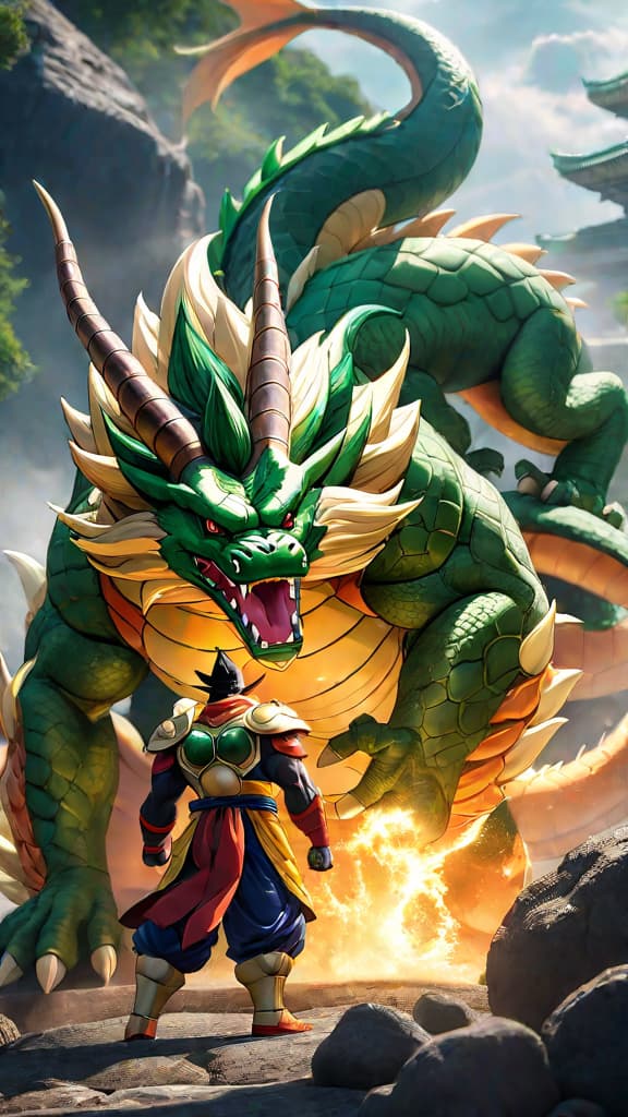  an anime art of shenron and porunga showcasing their unique powers and shared purpose of fulfilling wishes. hyperrealistic, full body, detailed clothing, highly detailed, cinematic lighting, stunningly beautiful, intricate, sharp focus, f/1. 8, 85mm, (centered image composition), (professionally color graded), ((bright soft diffused light)), volumetric fog, trending on instagram, trending on tumblr, HDR 4K, 8K