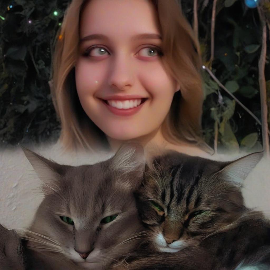  two cats, a girl with green eyes, music, space