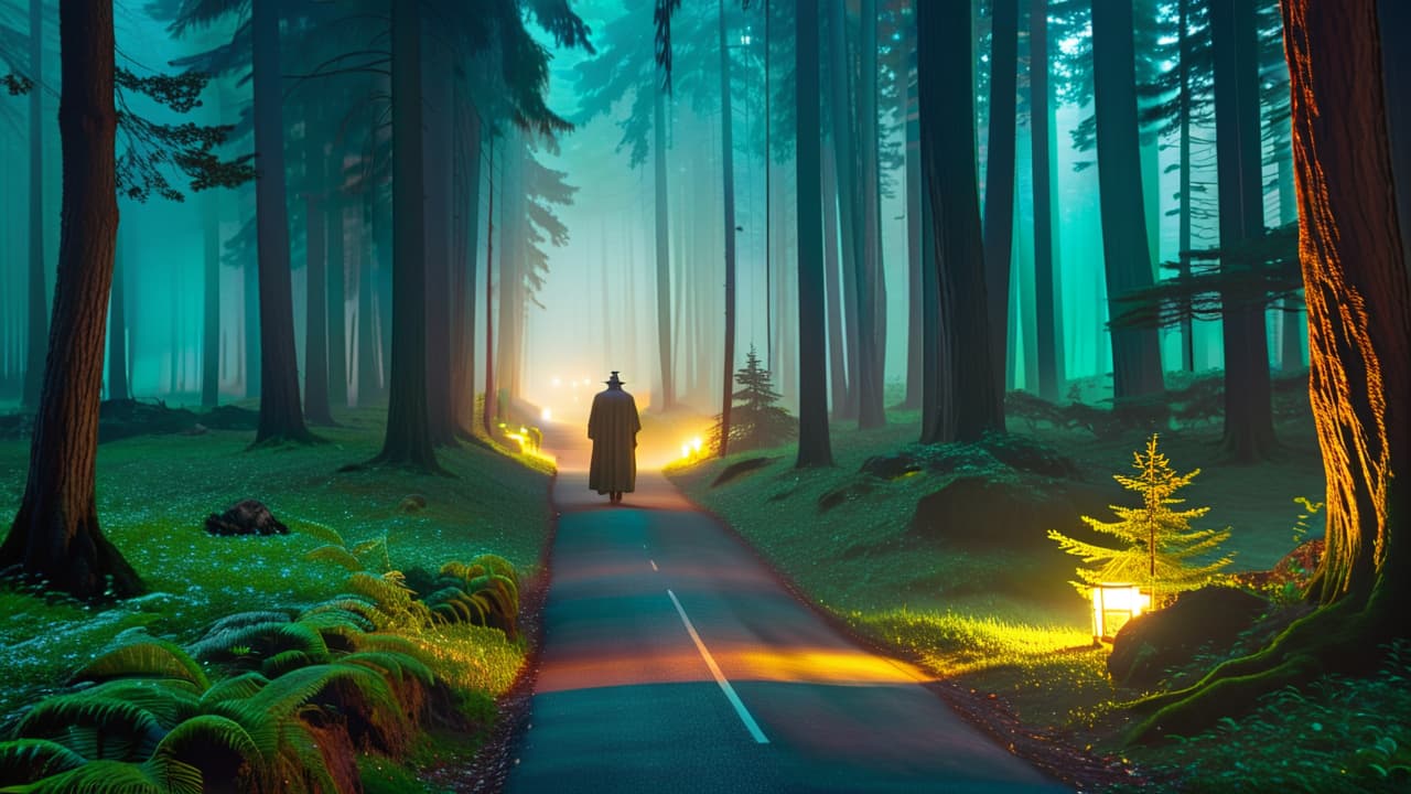  a split scene: one side depicting an ancient forest with a glowing, mysterious figure amidst fog and mythical creatures; the other side a bustling city street at night, shadows of urban legends lurking. hyperrealistic, full body, detailed clothing, highly detailed, cinematic lighting, stunningly beautiful, intricate, sharp focus, f/1. 8, 85mm, (centered image composition), (professionally color graded), ((bright soft diffused light)), volumetric fog, trending on instagram, trending on tumblr, HDR 4K, 8K