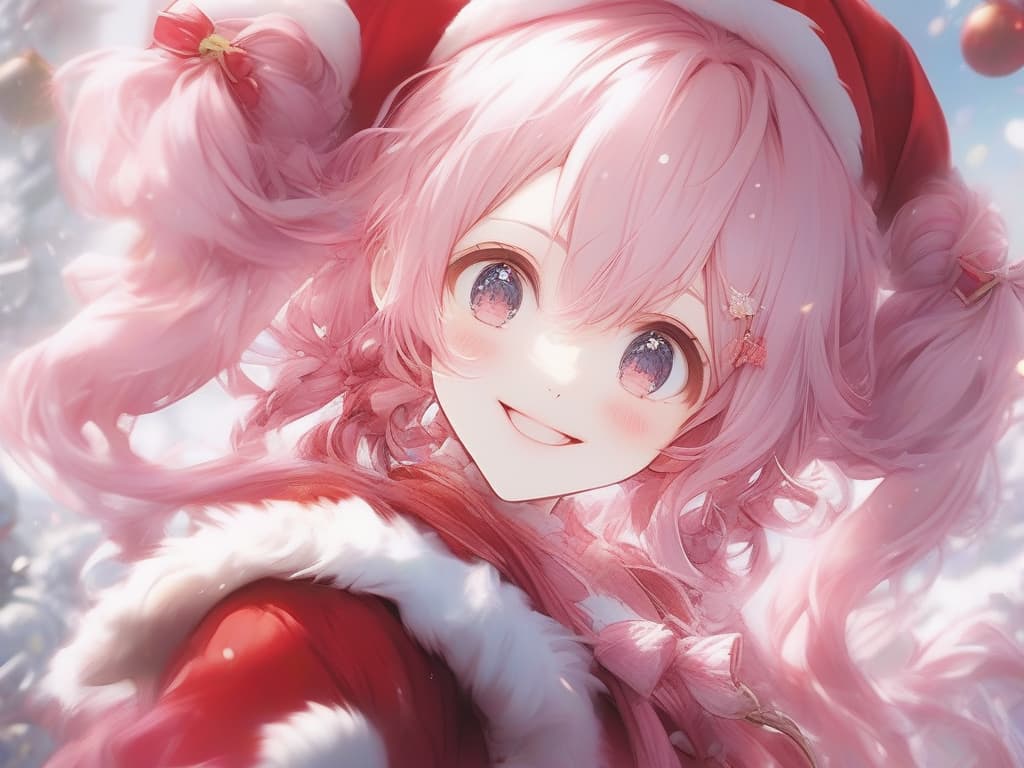  santa cosplay twin tails pink hair color, smile, masterpiece, best quality,8k,ultra detailed,high resolution,an extremely delicate and beautiful,hyper detail