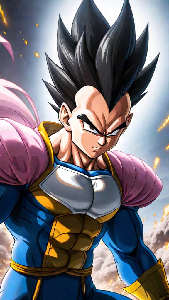  anime art: vegeta's self sacrifice against majin buu, showcasing his true warrior spirit and love for his family. hyperrealistic, full body, detailed clothing, highly detailed, cinematic lighting, stunningly beautiful, intricate, sharp focus, f/1. 8, 85mm, (centered image composition), (professionally color graded), ((bright soft diffused light)), volumetric fog, trending on instagram, trending on tumblr, HDR 4K, 8K