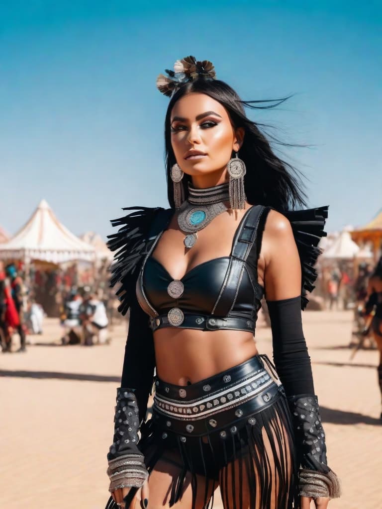  A medium, photo of a female influencer on the desert festival, dressed in a revealing rave outfit, decorated with fringe, bright outfit, steampunk style, daytime, desert background, sharp focus, cinematic, hd