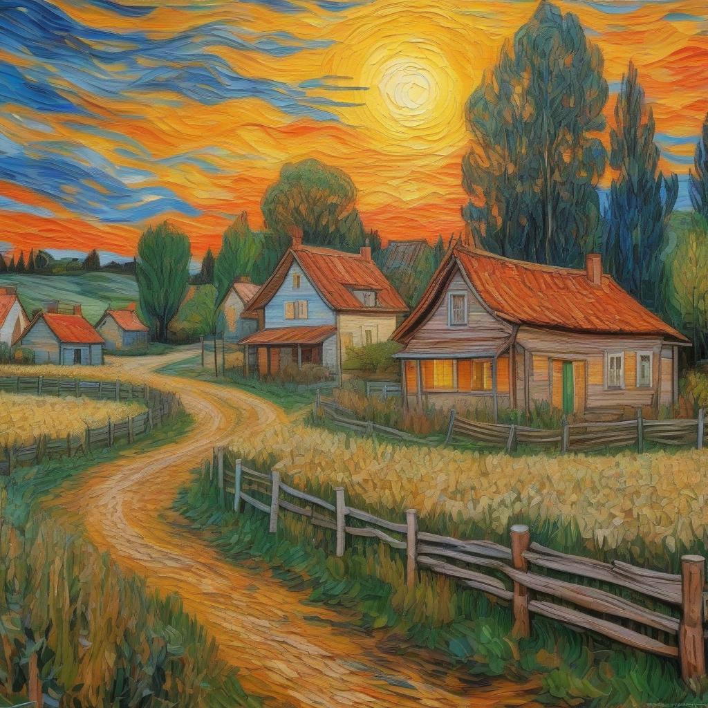  food photography style a van gogh painting.. village. wooden houses. sunset over the forest. . bright. traces of old relief paint. . appetizing, professional, culinary, high resolution, commercial, highly detailed