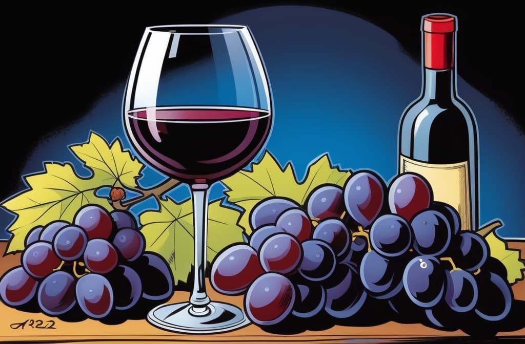  comic Glass of red wine, bottle and bunch of grapes. ar 3:2, graphic illustration, comic art, graphic novel art, vibrant, highly detailed