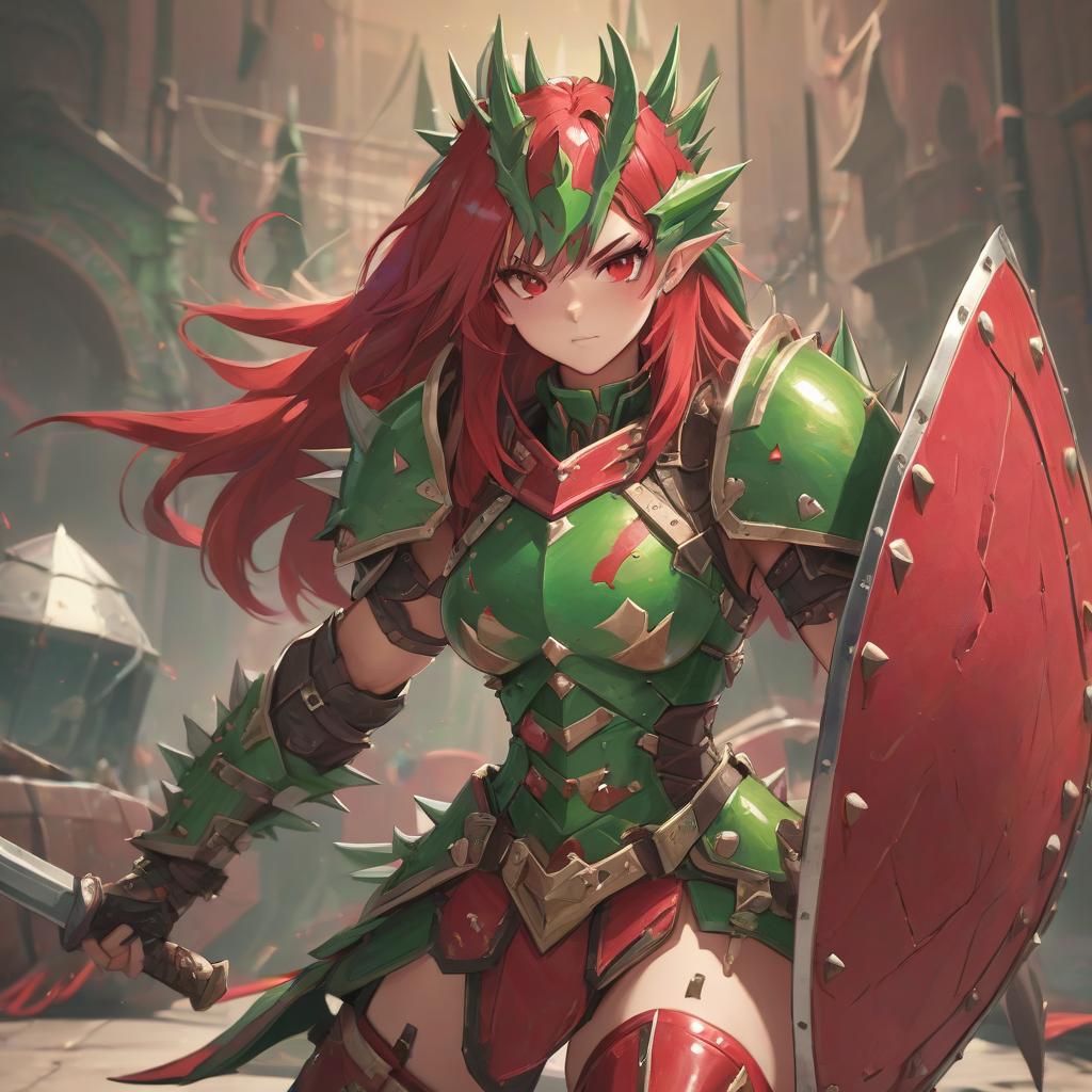  fighting game style a girl, wearing studded armor and holding a large shield with spikes, all clothes in red and green colors . dynamic, vibrant, action packed, detailed character design, reminiscent of fighting video games