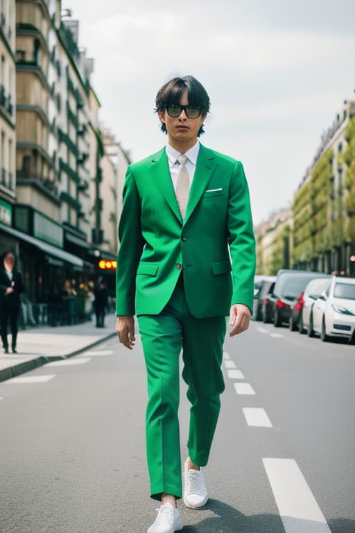  japanese man wear green suit walking in paris portrait car , advertising photo,high quality, good proportion, masterpiece , the image is captured with an 8k camera