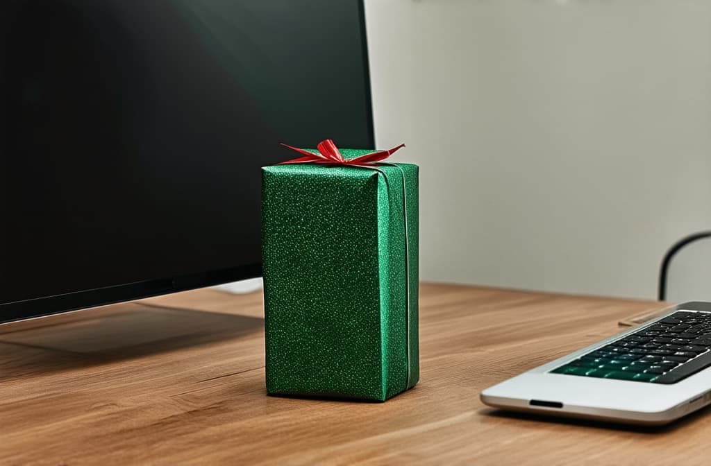  professional detailed photography, a wrapped christmas gift placed next to a computer on a desk in an office setting ar 3:2, (muted colors, dim colors, soothing tones), (vsco:0.3)