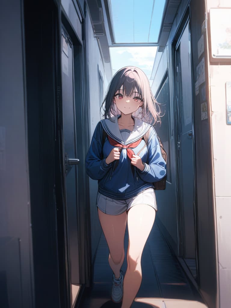  girls, high school girls, high school students, running, smiles, full smiles, running in the corridor, sailor suit, narrow eyes, problem children, masterpiece, best quality,8k,ultra detailed,high resolution,an extremely delicate and beautiful,hyper detail