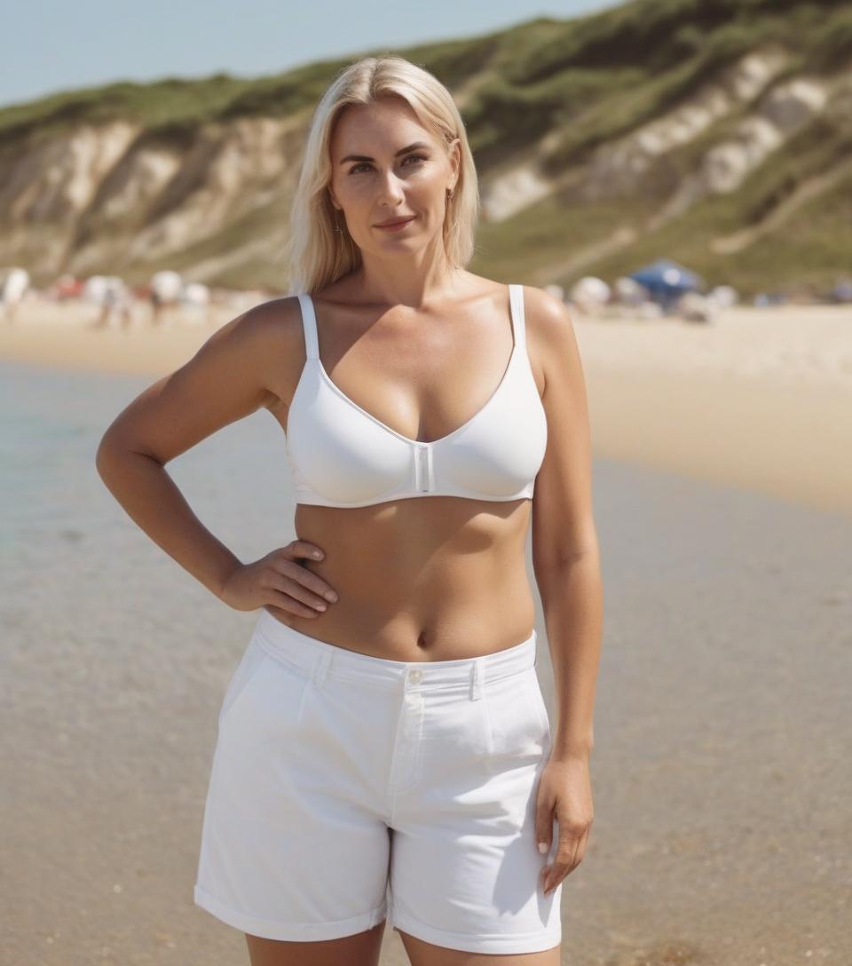  cinematic photo british woman, 30 year, wide hips, on the beach, front view, , next to a old in white trunks, realism . 35mm photograph, film, bokeh, professional, 4k, highly detailed