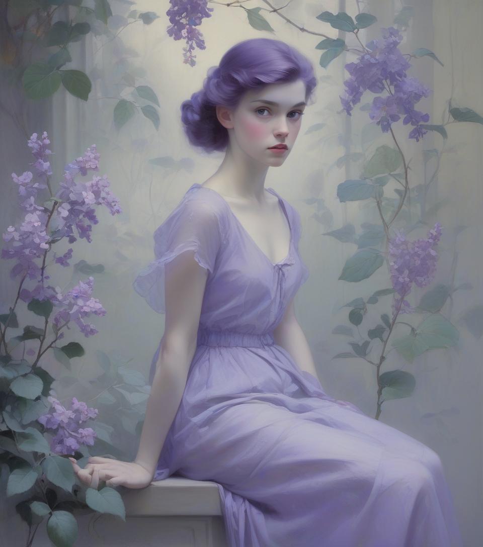  subject: artists: mann, gammell, kley, goldin, gerome, quentin blake, gibson, anne bachelier, alberto vargas, bouguereau, n.c. wyeth, rockwell, parrish, dan seagrave, hopper style: color palette: lilac, lavender, periwinkle techniques: details: idyllic, innocence, cinematic, painting, photo, portrait photography, conceptual art, illustration