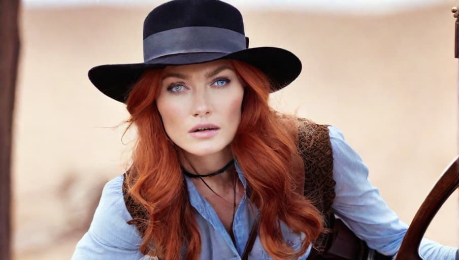  Clara Paget, natural red hair, blue eyes, vintage, sheriff, wild west, red flop hat, holding shotgun