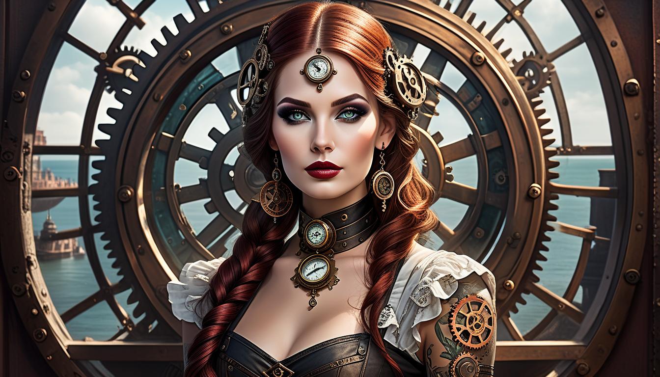  steampunk style ,(((medium full shot))), (masterpiece, photorealistic, photorealism, best quality, ultra detailed:1.3), (nice hands, perfect hands), official art, cinematic light, (1 :1.3), , choker. jewelry.celets,,color tattoos.full length siren. slender, sweet face, bright full makeup.plump lips, big s. looking at viewer,against the background of a window, rich curtains . antique, mechanical, ss and copper tones, gears, intricate, detailed