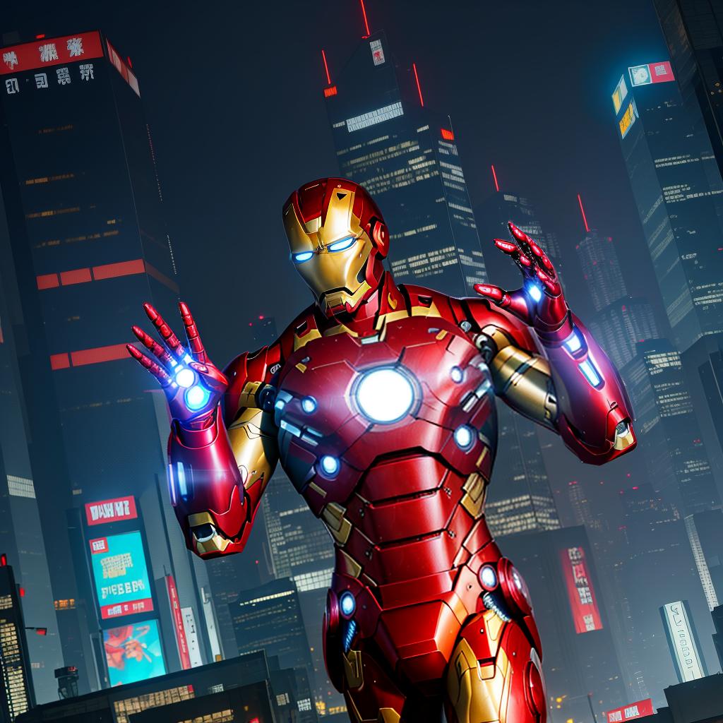  masterpiece, best quality, best quality, masterpiece, 8k resolution, realistic, highly detailed, close up of iron man. in a cyberpunk style night scene of the city, he stands on a street lined with tall buildings. the city's night lights are bright, the surrounding buildings and streets are filled with cyberpunk elements such as neon lights, high tech devices, and futuristic architectural designs.