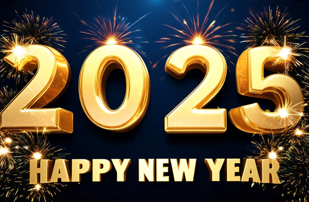  wide angle happy new year 2025 greeting card. beautiful holiday web banner or billboard with golden sparkling text happy new year 2025 ar 3:2 {prompt}, maximum details