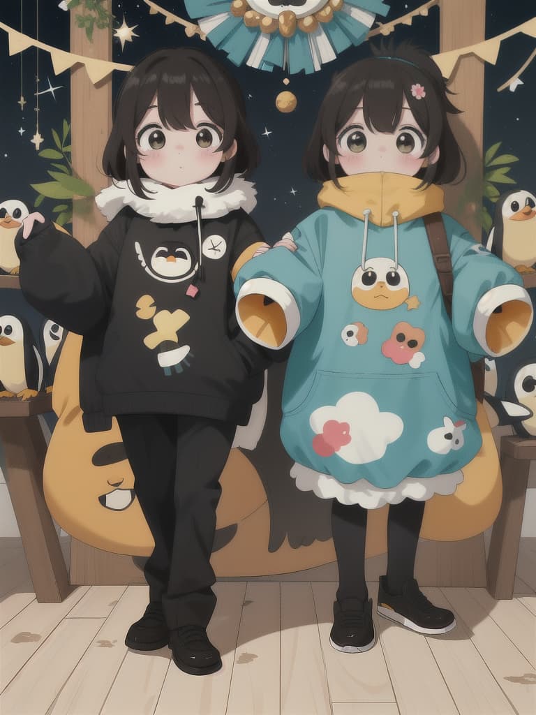  Penguin, Yuru Chara, Mascot, Beautiful Beauty couple, 💩: 1.3, 💩, 💩, 💩, 💩, 💩,, masterpiece, best quality,8k,ultra detailed,high resolution,an extremely delicate and beautiful,hyper detail
