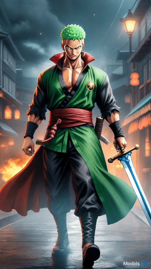  anime art: zoro from one piece showcasing his iconic three sword style, each blade symbolizing a different aspect of his journey and character. hyperrealistic, full body, detailed clothing, highly detailed, cinematic lighting, stunningly beautiful, intricate, sharp focus, f/1. 8, 85mm, (centered image composition), (professionally color graded), ((bright soft diffused light)), volumetric fog, trending on instagram, trending on tumblr, HDR 4K, 8K