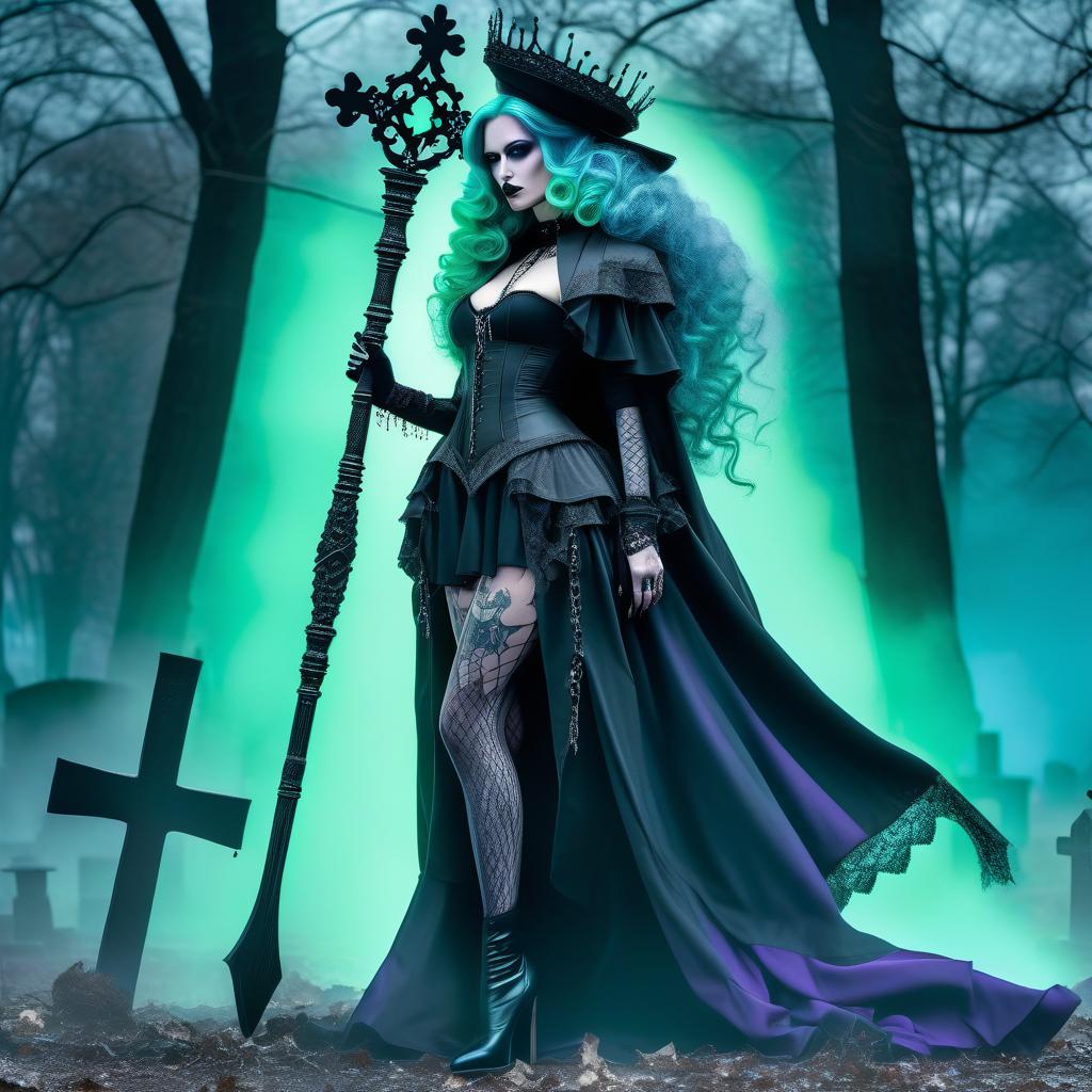  gothic style picture a very young with heterochromia: the left eye is light green, the right eye is light blue, both eyes are shining. she has pale skin, slim and athletic physique with an extremely thin waist. long saturated dark purple loose curly hair falls to the toes. the wears mive earrings in the form of crosses and several earrings in her ears. she has a tattoo on her and shoulders open. on his head is a wide brimmed pointed hat. dressed in a very short gothic ta dress with crinoline, tall mive boots on a sole, lace stockings on garters, and a long cloak. she holds the staff of a necromancer, and a curved dagger hovers in the air. a sits on a tombstone in a abandoned cemetery, surrounded by  hyperrealistic, full body, detailed clothing, highly detailed, cinematic lighting, stunningly beautiful, intricate, sharp focus, f/1. 8, 85mm, (centered image composition), (professionally color graded), ((bright soft diffused light)), volumetric fog, trending on instagram, trending on tumblr, HDR 4K, 8K