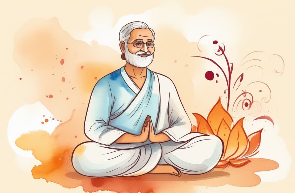  Create artwork Guru Purnima holiday. Picture of a spiritual teacher in India. on a beige background. Flat vector illustration ar 3:2 using watercolor techniques, featuring fluid colors, subtle gradients, transparency associated with watercolor art