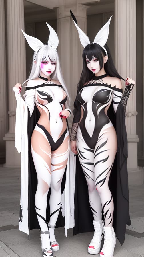  White bat pattern body paint in every corner of the body, Black body paint all over the body, Grey face paint on the face, Two dark elf sisters, full body image 女性