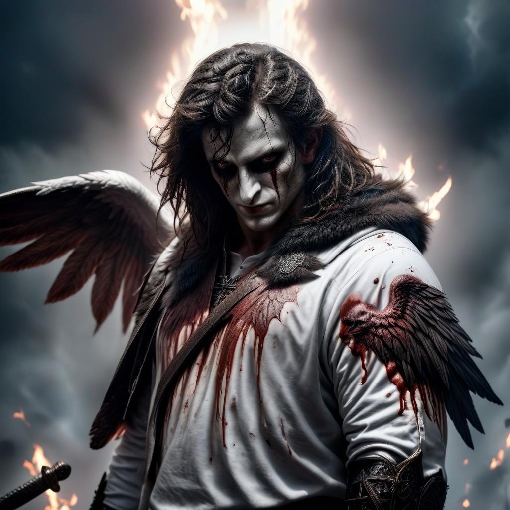  hyperrealistic art evil angel in a white hood with wings in blood with a sword on his shoulder white fire from the eyes dark face . extremely high resolution details, photographic, realism pushed to extreme, fine texture, incredibly lifelike, hkmagic, civitai