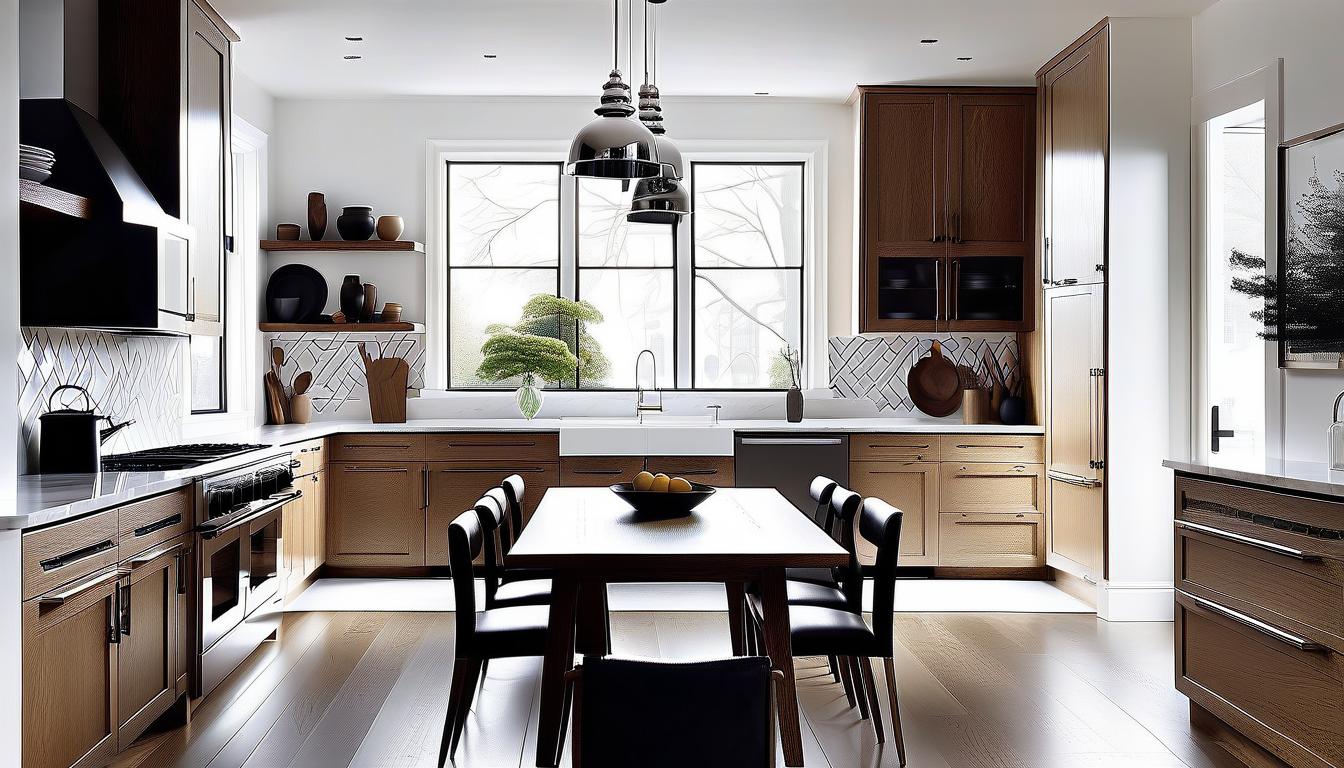  architectural style interior. kitchen. classic style. photo. white walls. one window. wide window. half oak cabinets. white. details chrome, dark oak. dining area by the window. . clean lines, geometric shapes, minimalist, modern, architectural drawing, highly detailed