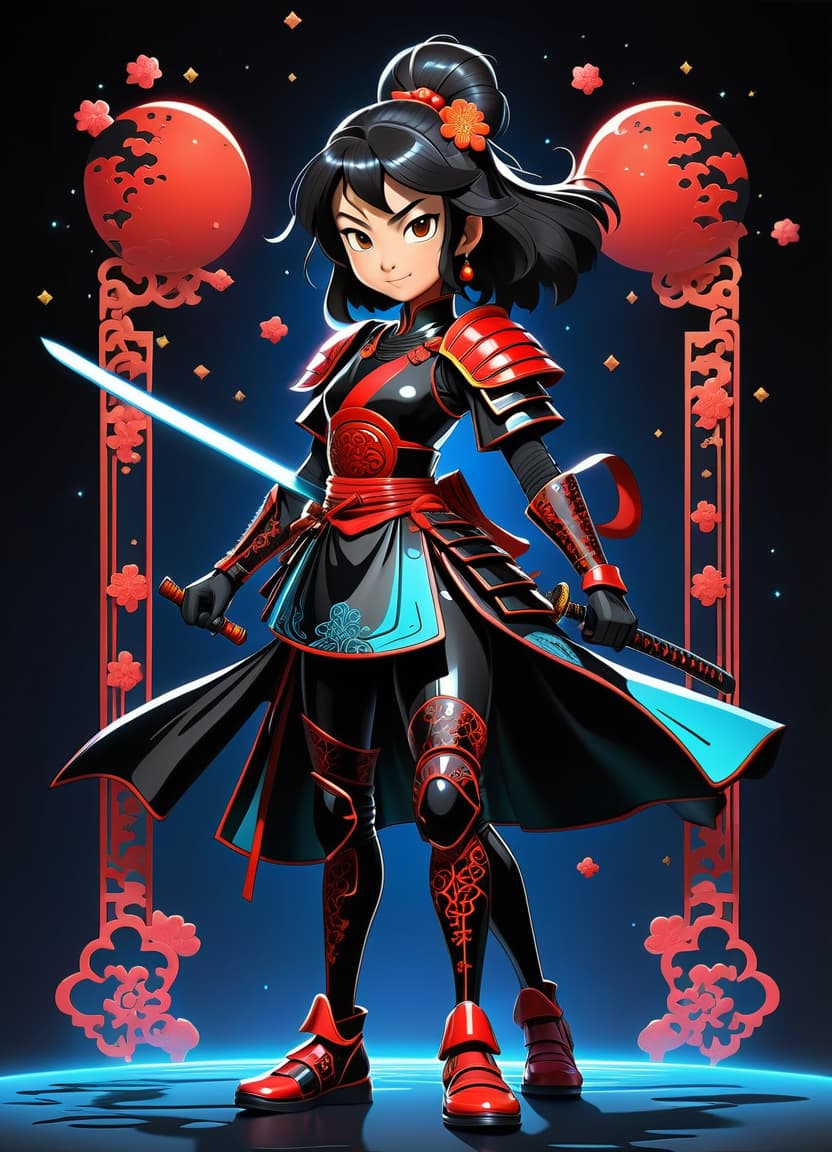  a humorous illustration. bright colors, cartoon style. on the black background, shiny contours outlines of silhouette of a japanese samurai girl in black samurai armor, in full length, in patent leather black shoes, made of blue star and red comet, frame with intricate thin ornamentation from comet, stars and cosmic dust: (thin: 1,4) lines ,