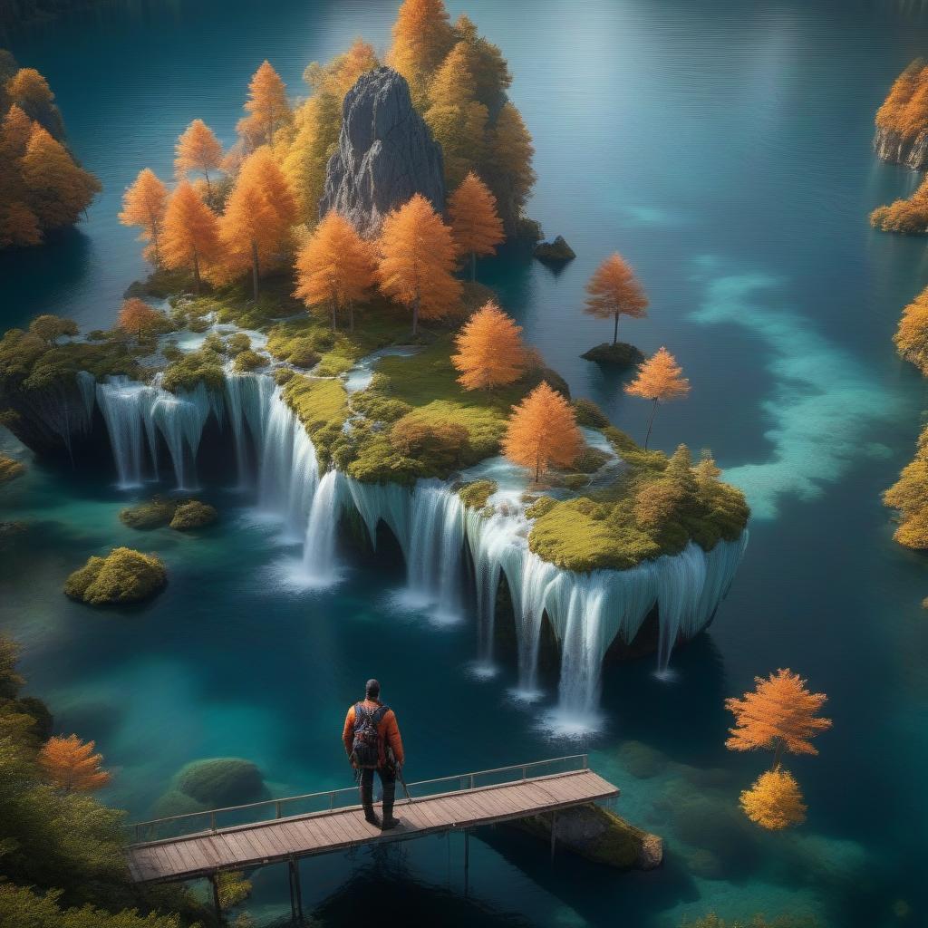  A surreal landscape with floating islands and a waterfall descending into a crystal clear lake. hyperrealistic, full body, detailed clothing, highly detailed, cinematic lighting, stunningly beautiful, intricate, sharp focus, f/1. 8, 85mm, (centered image composition), (professionally color graded), ((bright soft diffused light)), volumetric fog, trending on instagram, trending on tumblr, HDR 4K, 8K