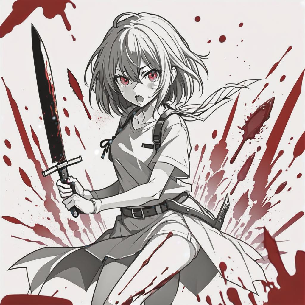  line art drawing girl with knife, battle pose blood everywhere, same nightmare. anime style . professional, sleek, modern, minimalist, graphic, line art, vector graphics