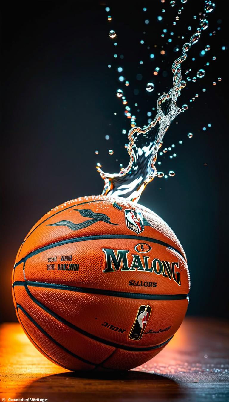  professional 3d model of an nba basketball with a hollow black background and lighting on the ball with water droplets bouncing off the ball . rendered with octane, the model is highly detailed,dramatic lighting. hyperrealistic, full body, detailed clothing, highly detailed, cinematic lighting, stunningly beautiful, intricate, sharp focus, f/1. 8, 85mm, (centered image composition), (professionally color graded), ((bright soft diffused light)), volumetric fog, trending on instagram, trending on tumblr, HDR 4K, 8K