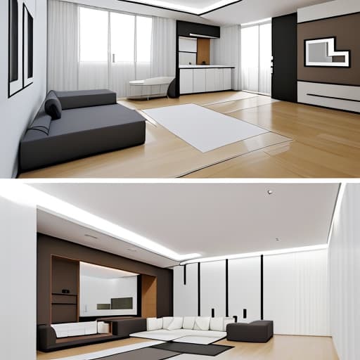  Create me a minimalist house design with living room in the middle and bedrooms at both sides of the house